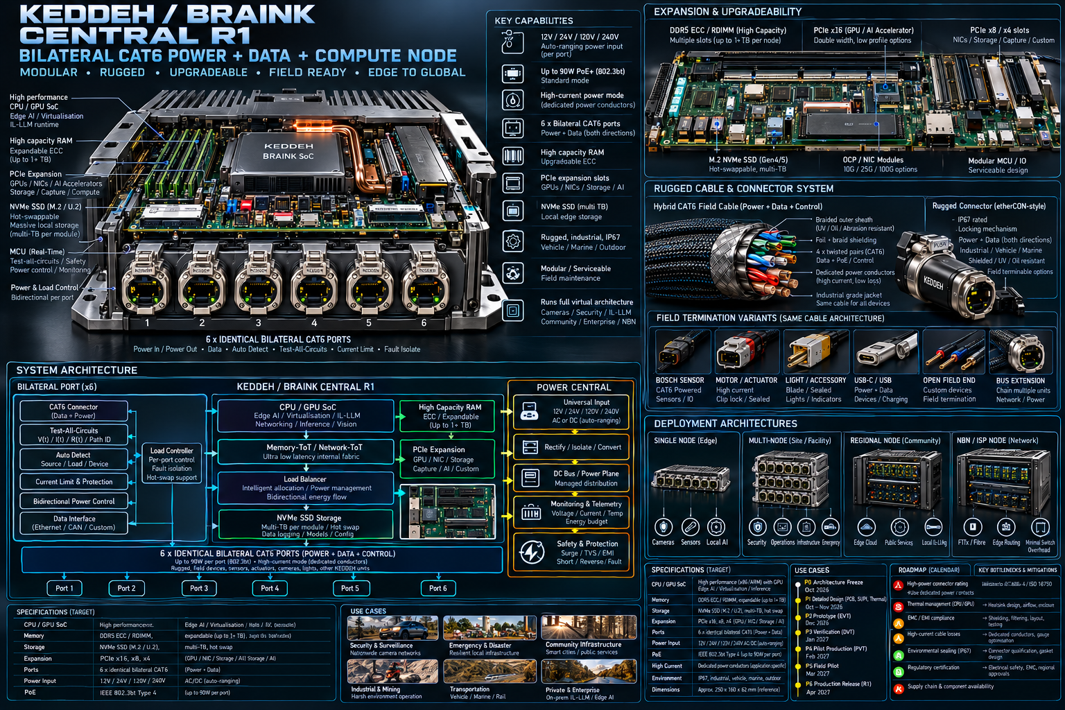 Original CENTRAL R1 engineering blueprint: six bilateral CAT6 front ports, CPU/GPU, ECC RAM, PCIe, NVMe, MCU, per-port Test-All-Circuits, power control, Memory-ToT and Network-ToT; expansion and cable architecture alongside.