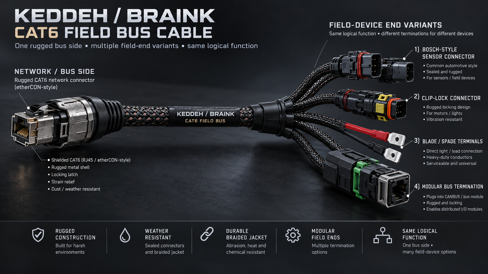 Original braided CAT6 field-bus cable design with a rugged etherCON-style bus end and four field-end variants: Bosch-style sensor, clip-lock motor or light, blade/spade load terminals and modular bus termination.