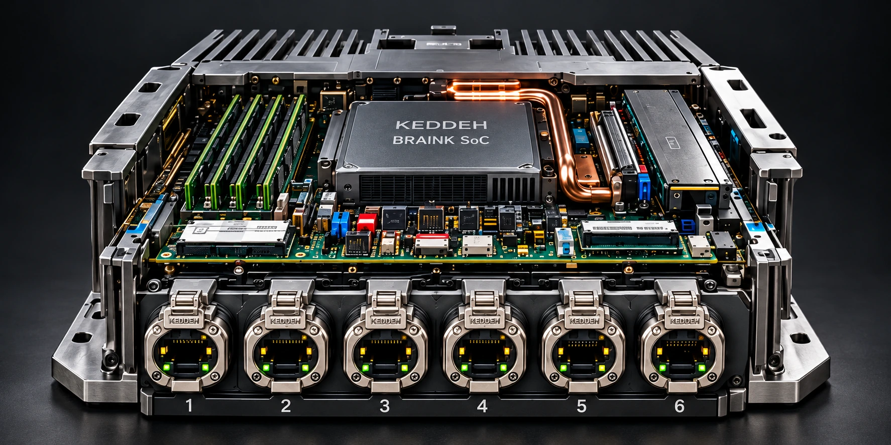 CENTRAL R1 source-derived design render: six numbered rugged CAT6 ports, central BRAINK CPU/GPU SoC, left-hand memory, right-hand expansion and storage, copper cooling and finned metal chassis.