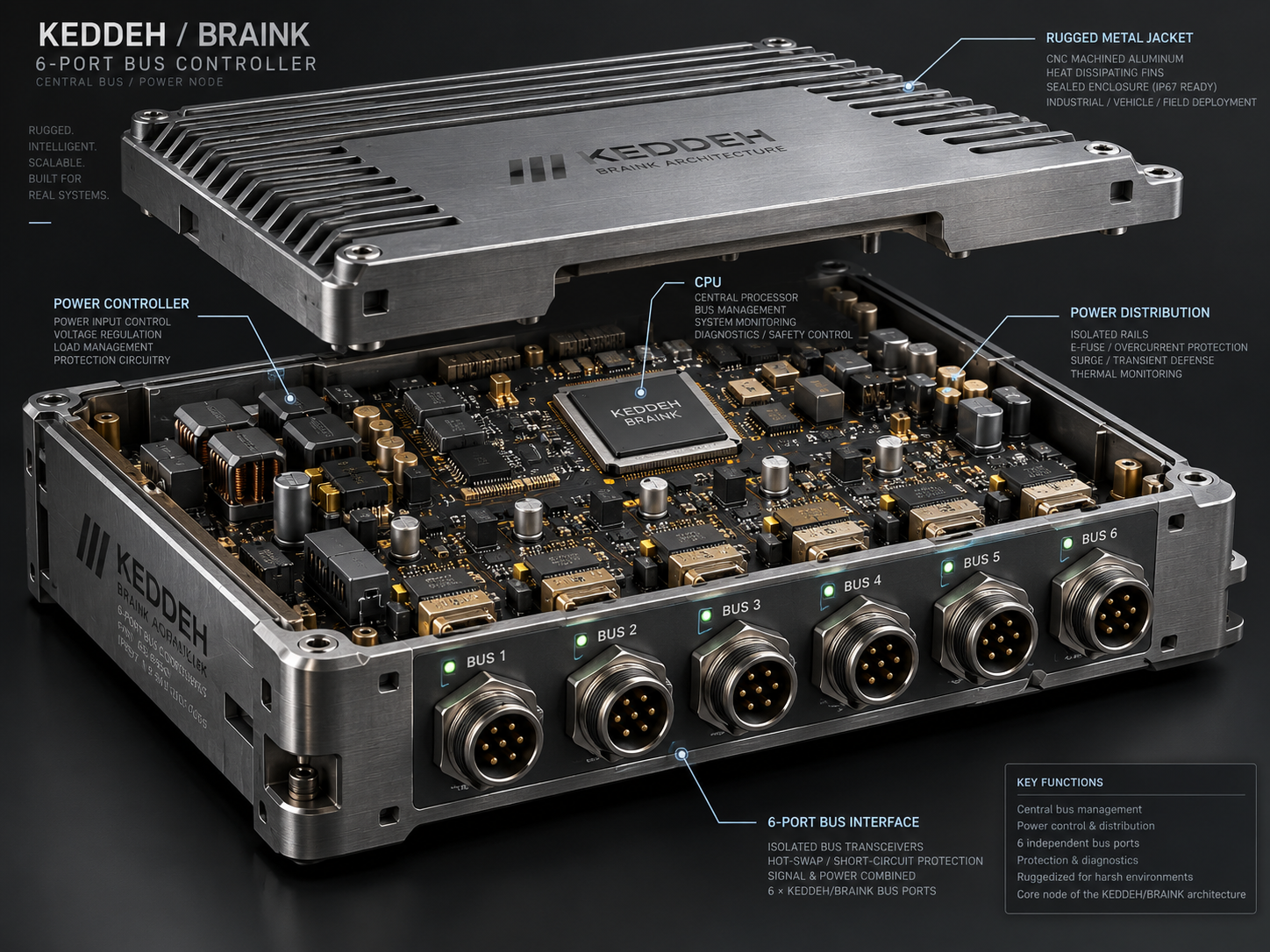 Earlier original six-port controller study, with a lifted aluminium lid and six circular multipin BUS 1 to BUS 6 connectors; distinct from the later CENTRAL R1 CAT6 layout.