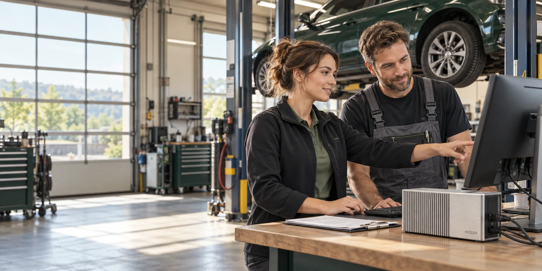 Illustrative concept of a service advisor and technician reviewing a workstation beside a compact Keddeh edge unit in a bright vehicle workshop.